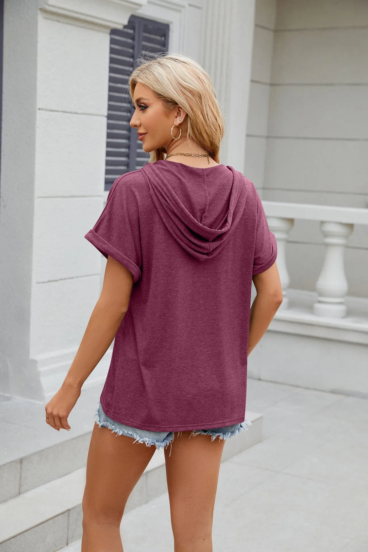 2025 Spring Hooded Button Loose Short Sleeve T Shirt