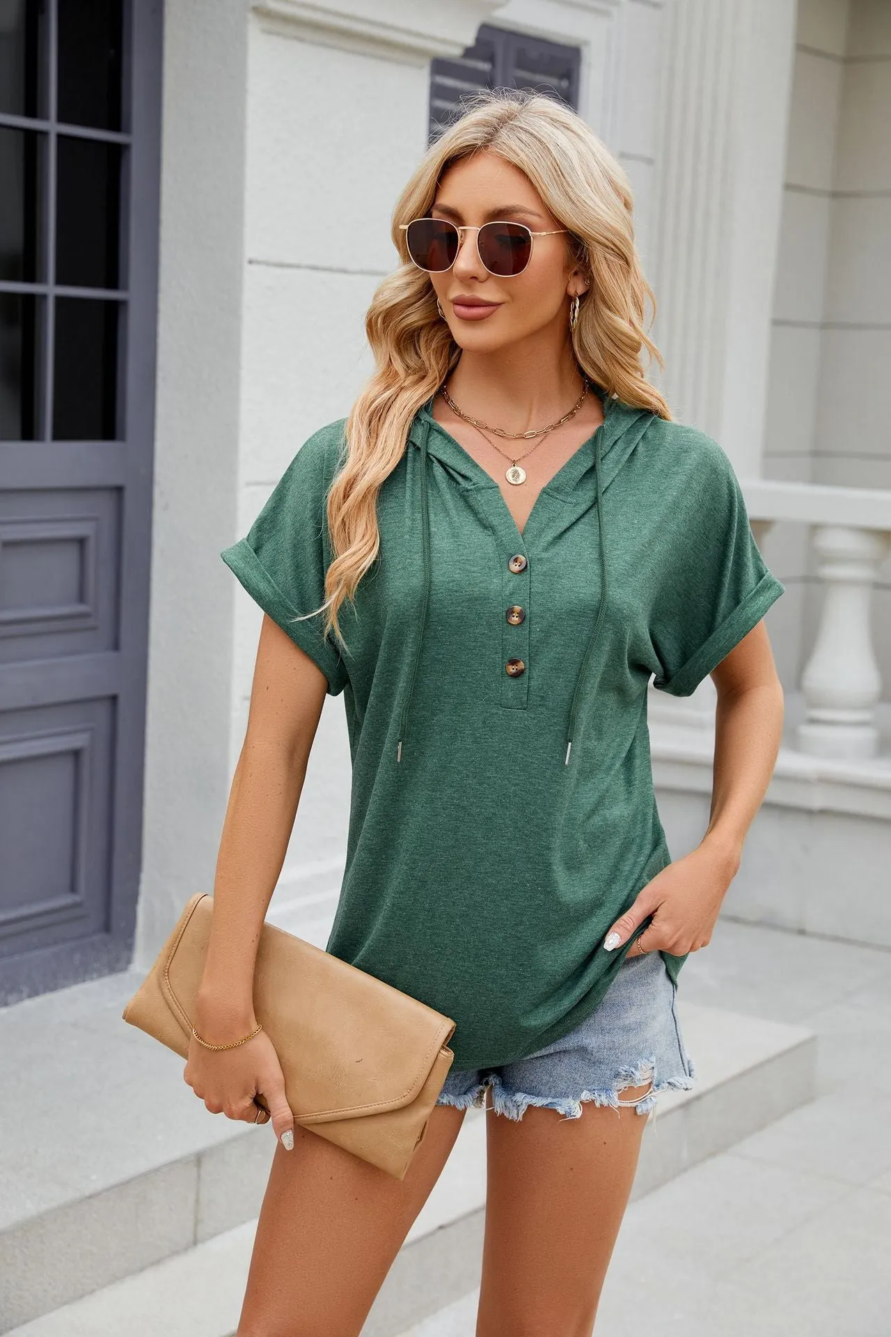 2025 Spring Hooded Button Loose Short Sleeve T Shirt