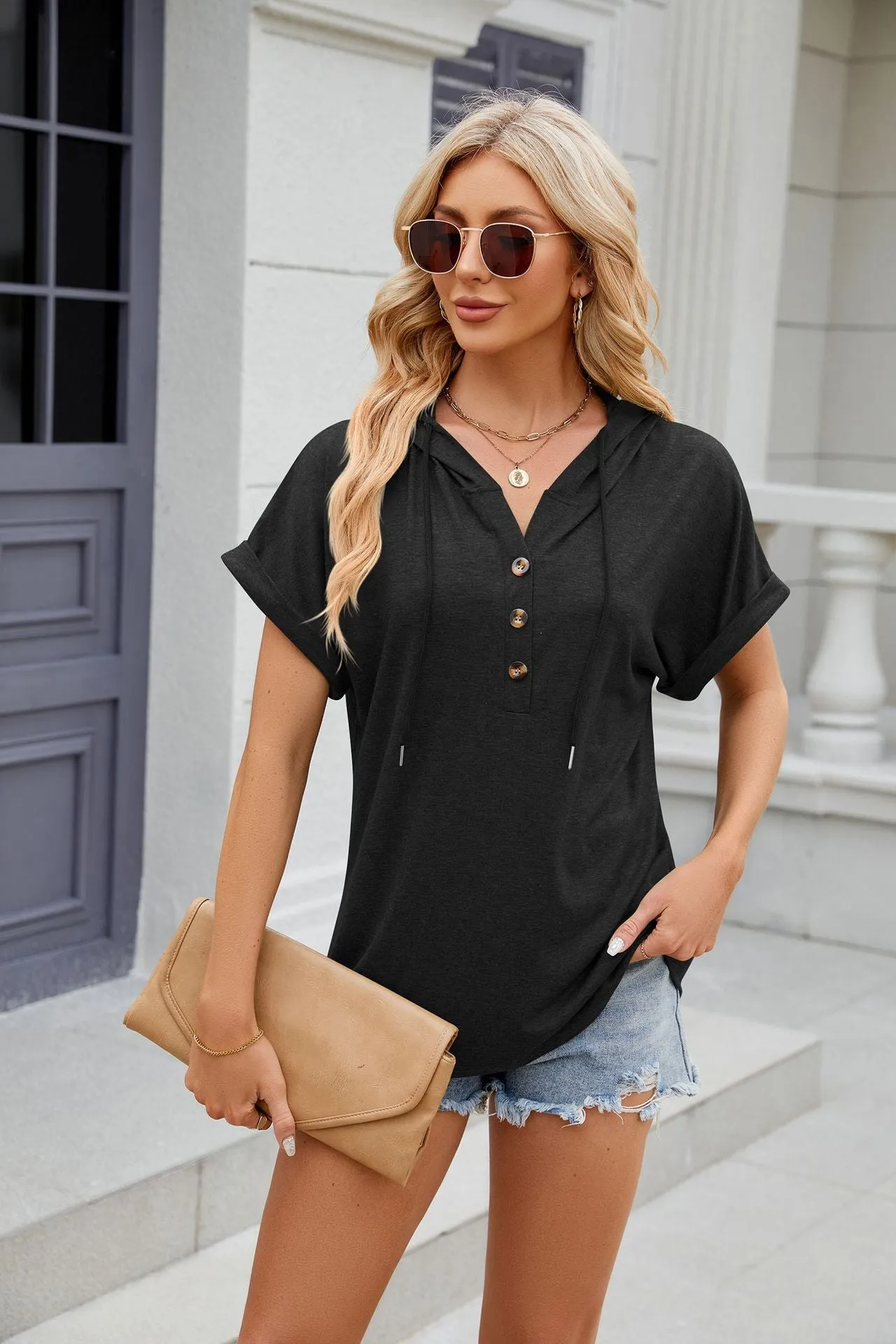 2025 Spring Hooded Button Loose Short Sleeve T Shirt