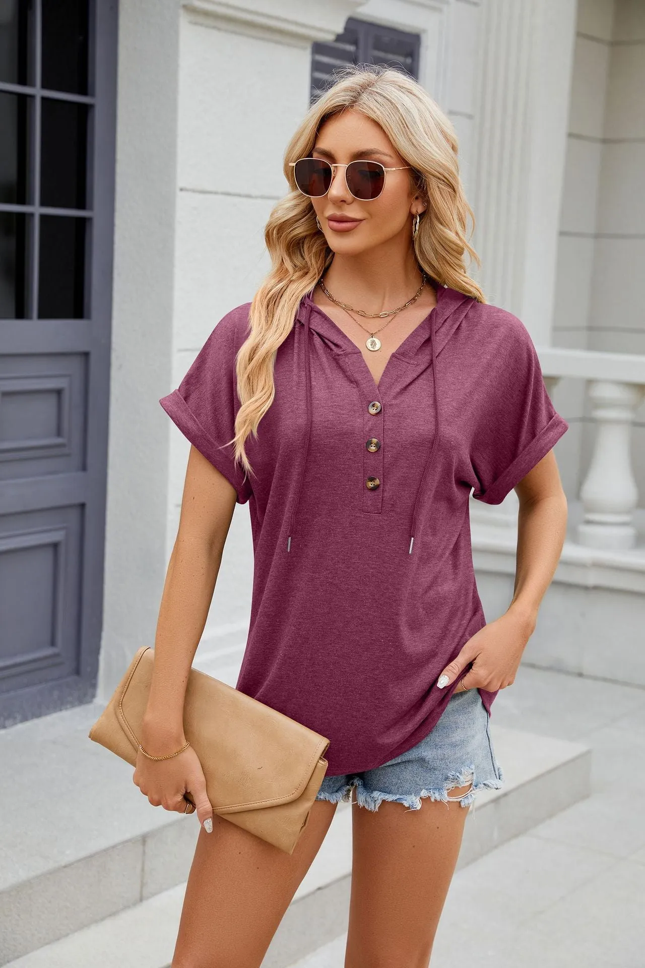 2025 Spring Hooded Button Loose Short Sleeve T Shirt