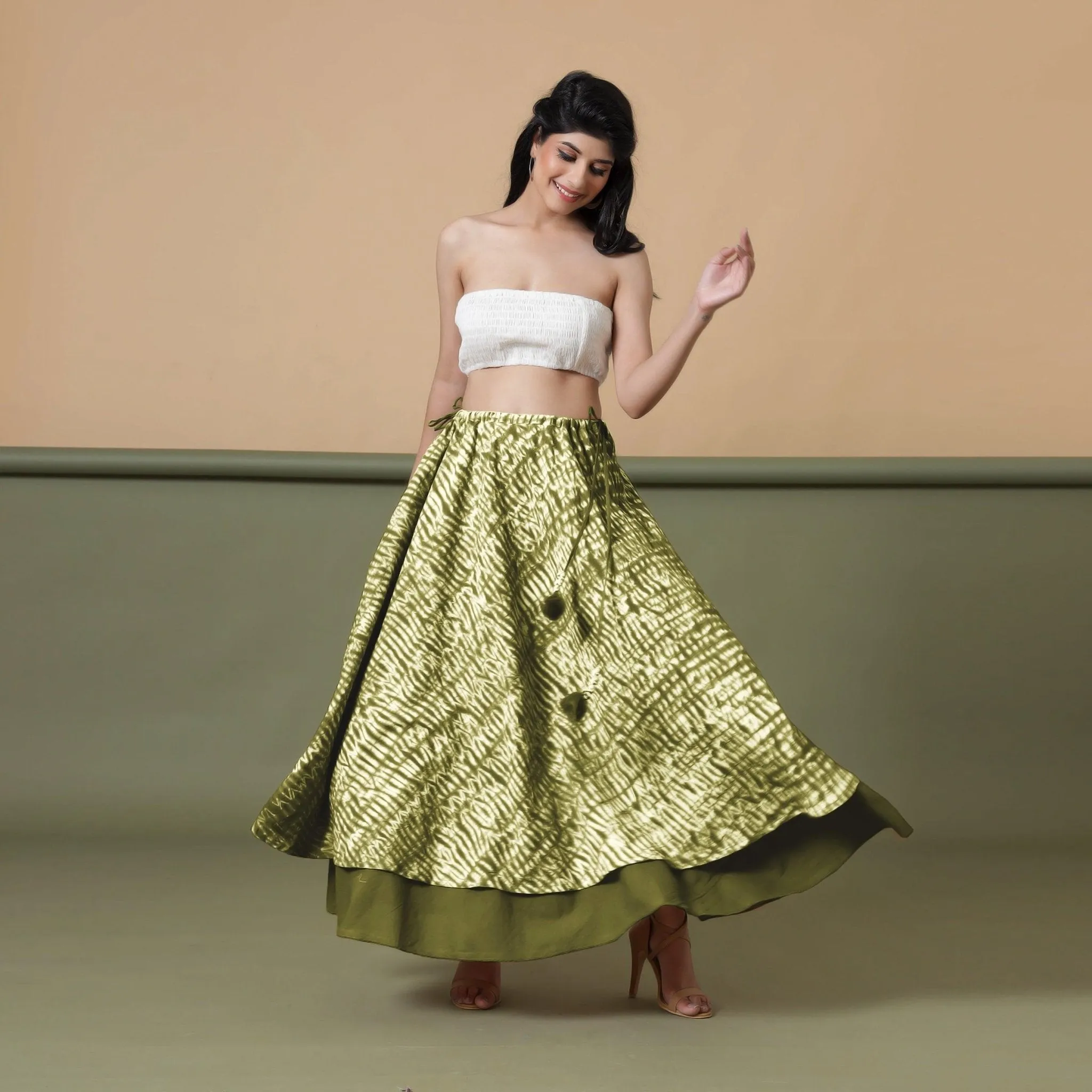 6-Way Convertible Moss Green Tie-Dye Cotton Skirt Dress