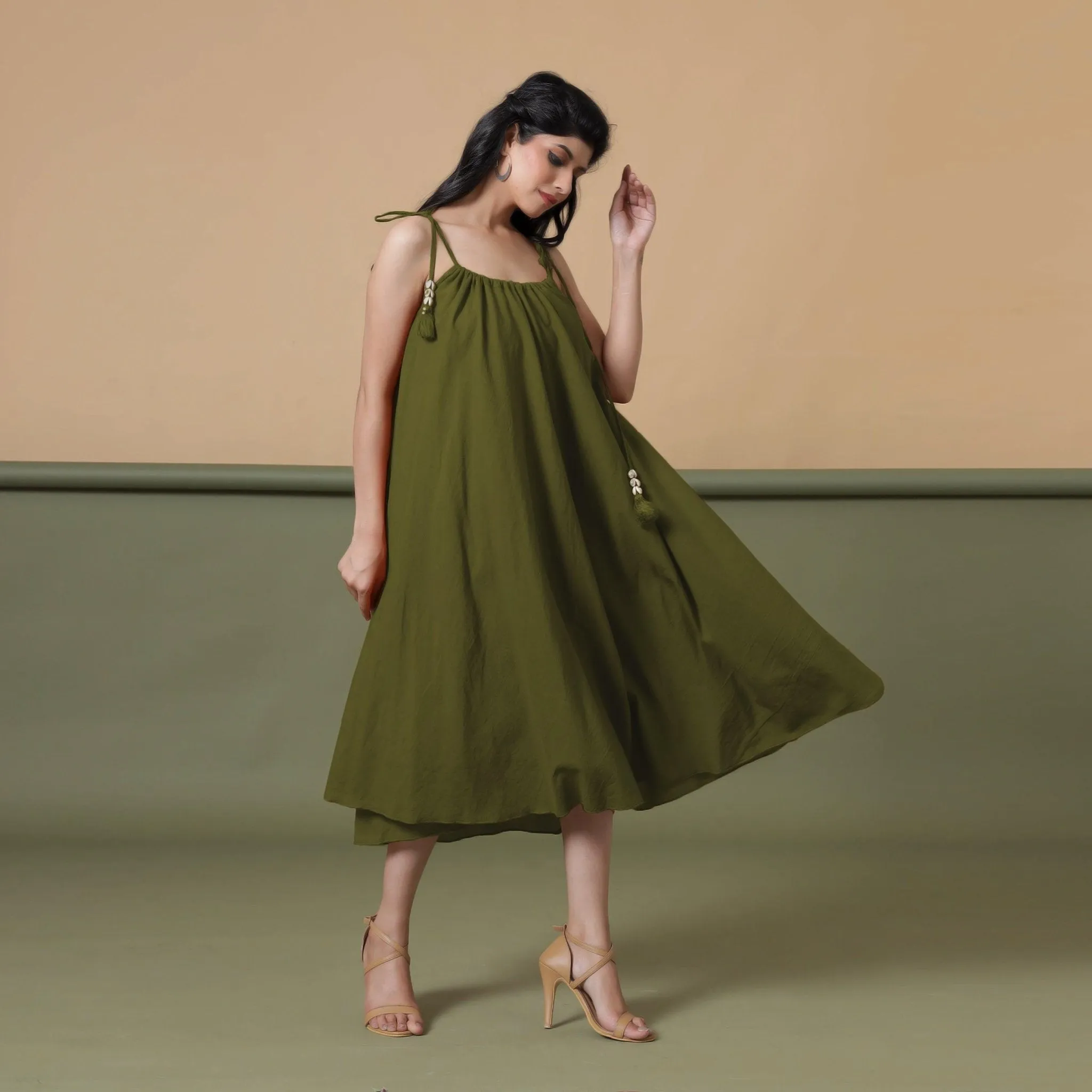 6-Way Convertible Moss Green Tie-Dye Cotton Skirt Dress