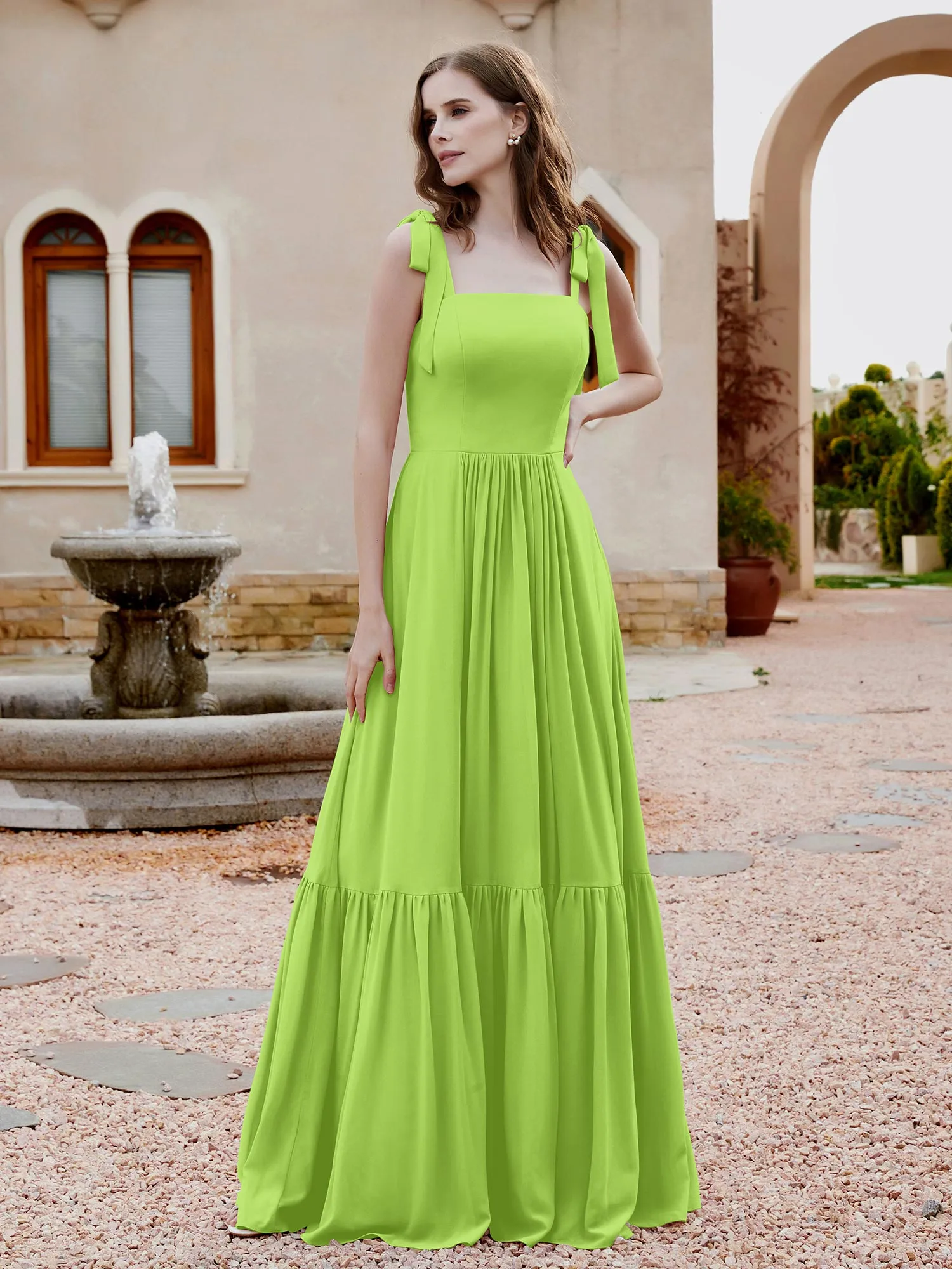 A-Line Bow Ruffle Sleeveless Chiffon Dress Lime Green Plus Size