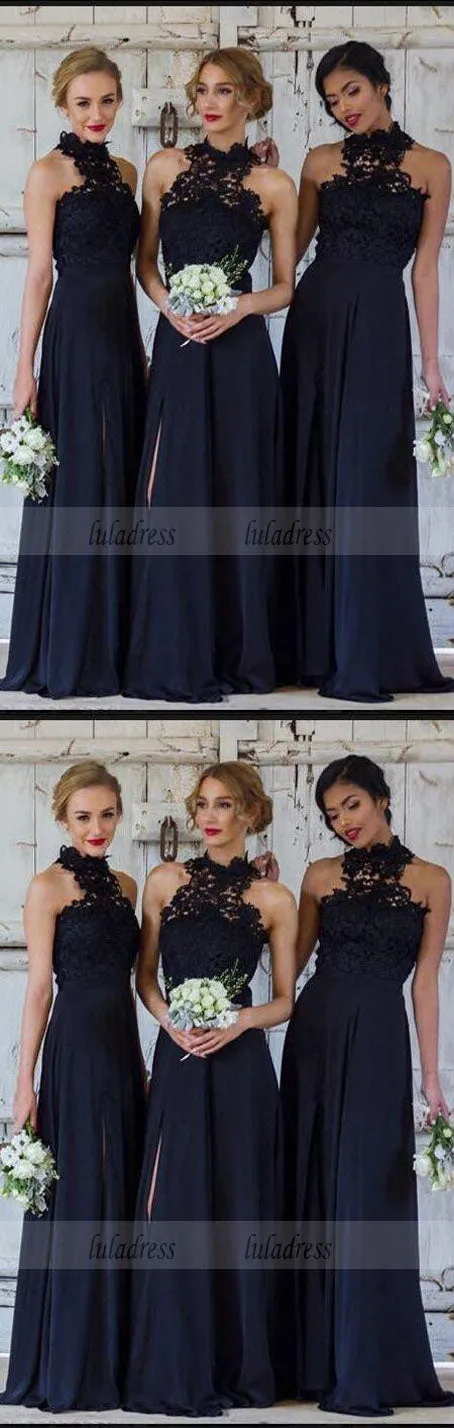 A-Line Navy Blue Chiffon Bridesmaid Dress with Lace