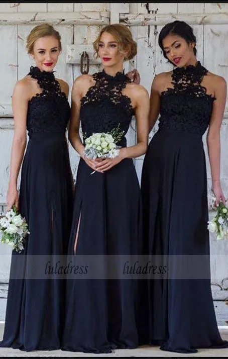 A-Line Navy Blue Chiffon Bridesmaid Dress with Lace