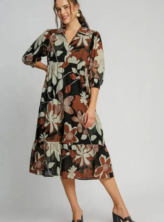 Abstract Floral Tiered Midi Dress - Rust