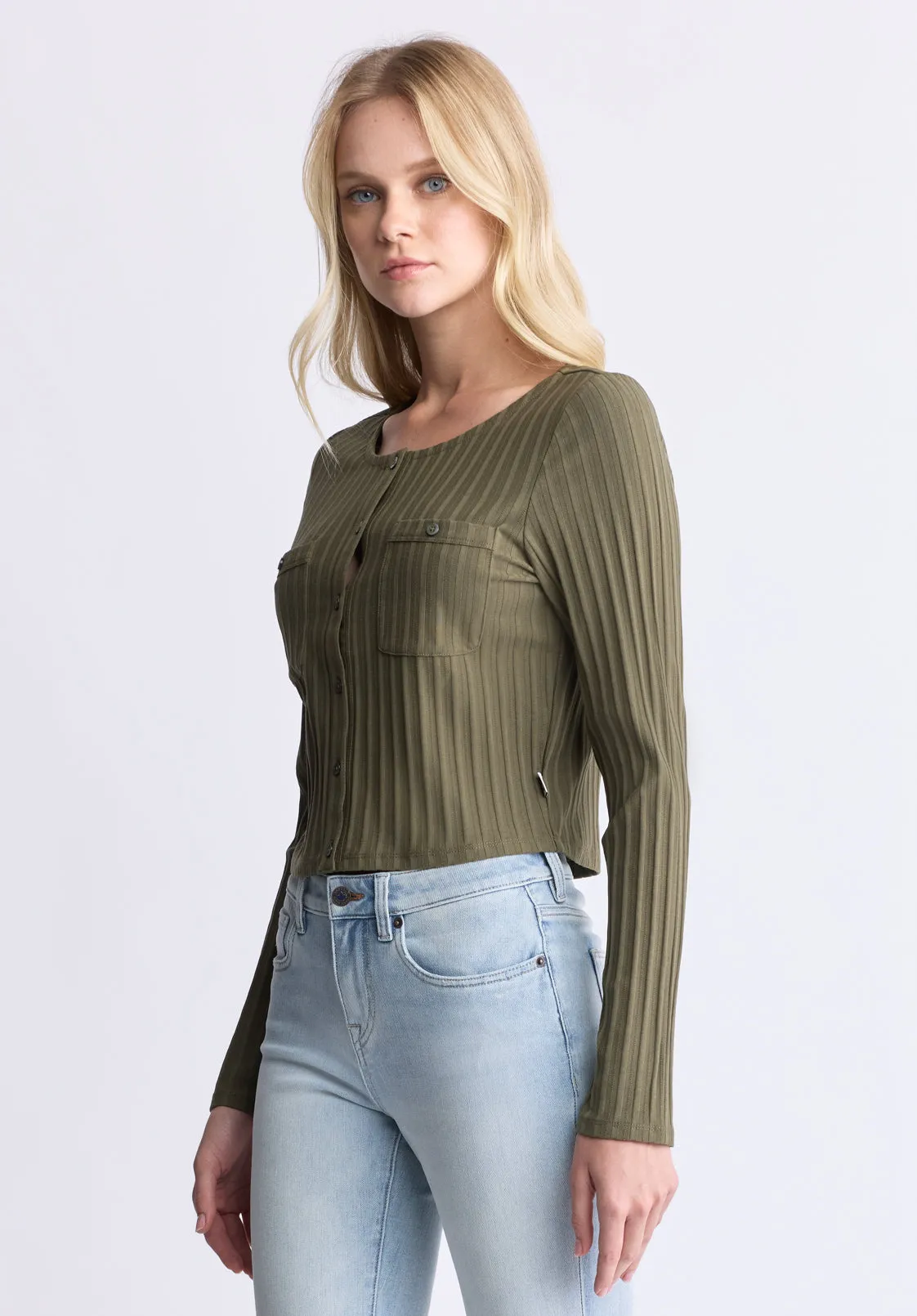 Albertina Women's Ribbed Long-Sleeve Button-Up Top, Olive Green - KT0205H