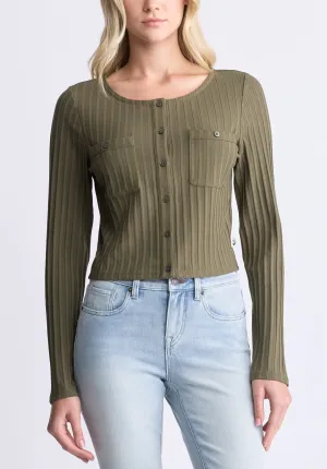 Albertina Women's Ribbed Long-Sleeve Button-Up Top, Olive Green - KT0205H