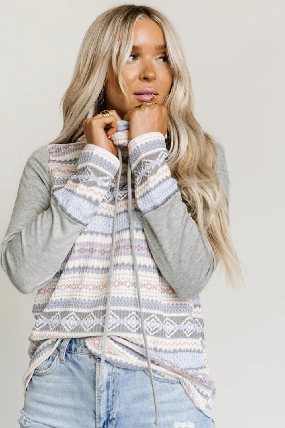 Aztec Print Waffle Knit Cowl Neck Sweatshirt