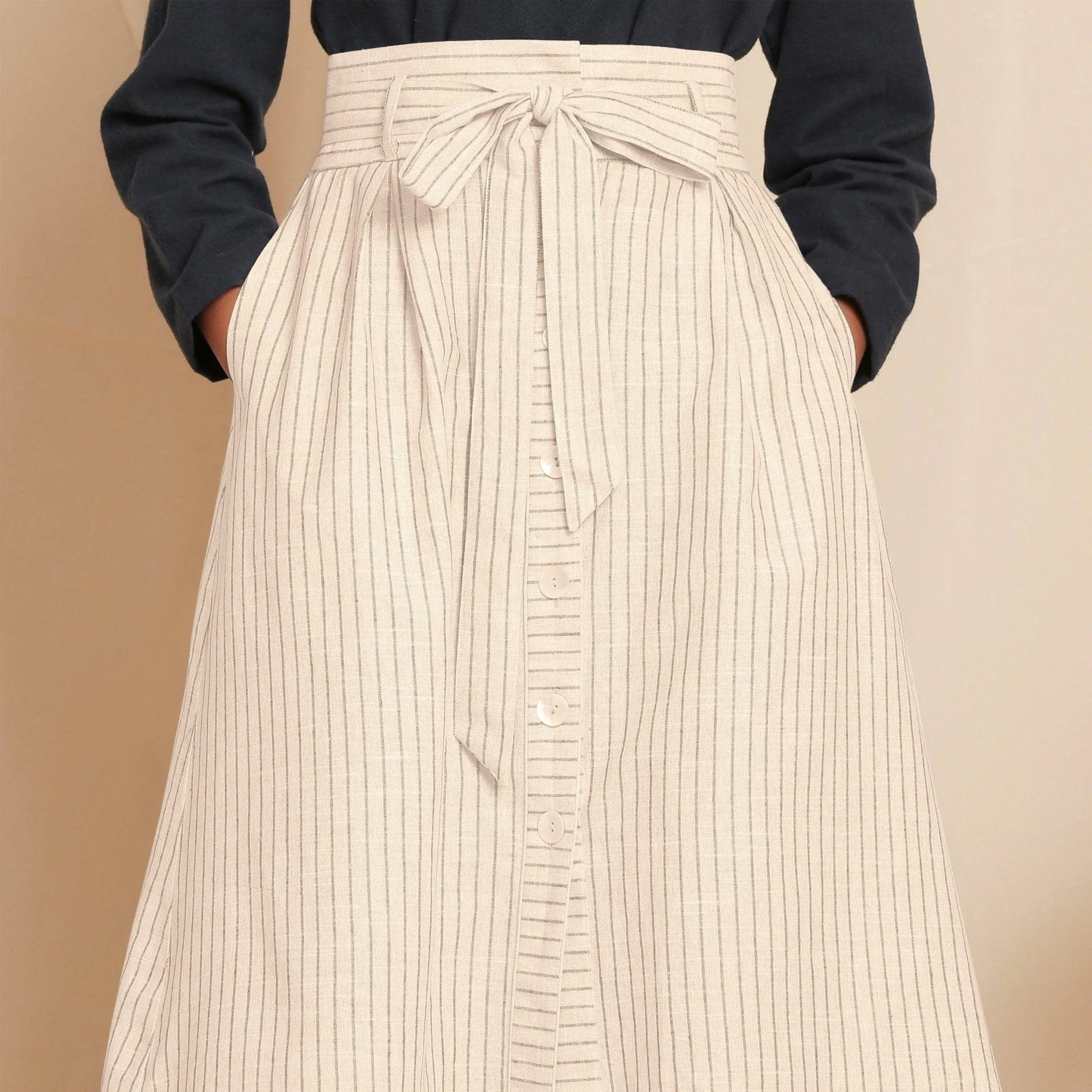 Beige Striped Cotton High-Rise Paperbag Skirt