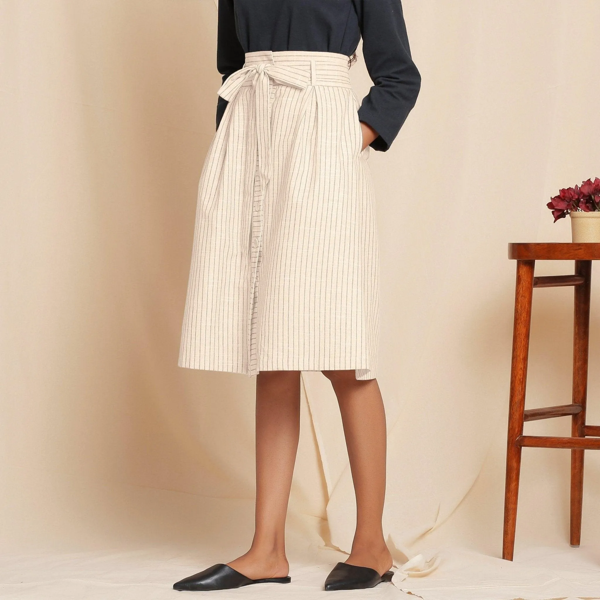 Beige Striped Cotton High-Rise Paperbag Skirt