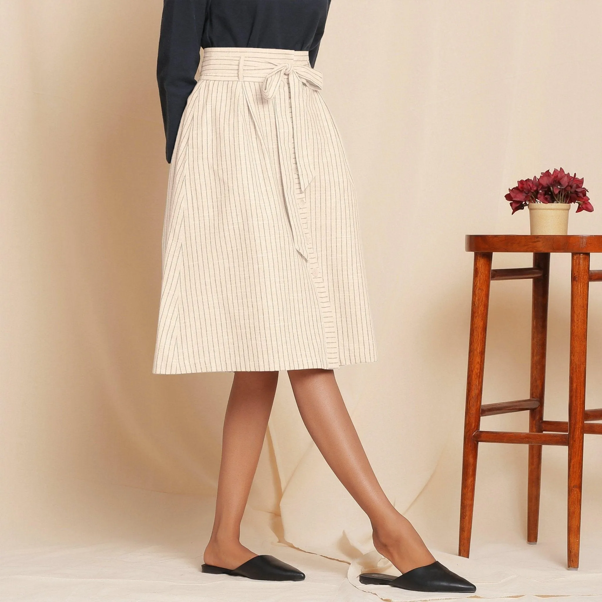 Beige Striped Cotton High-Rise Paperbag Skirt