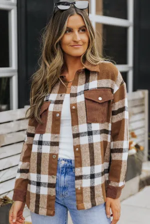 Brown Pocketed Buttoned Plaid Shirt Jacket