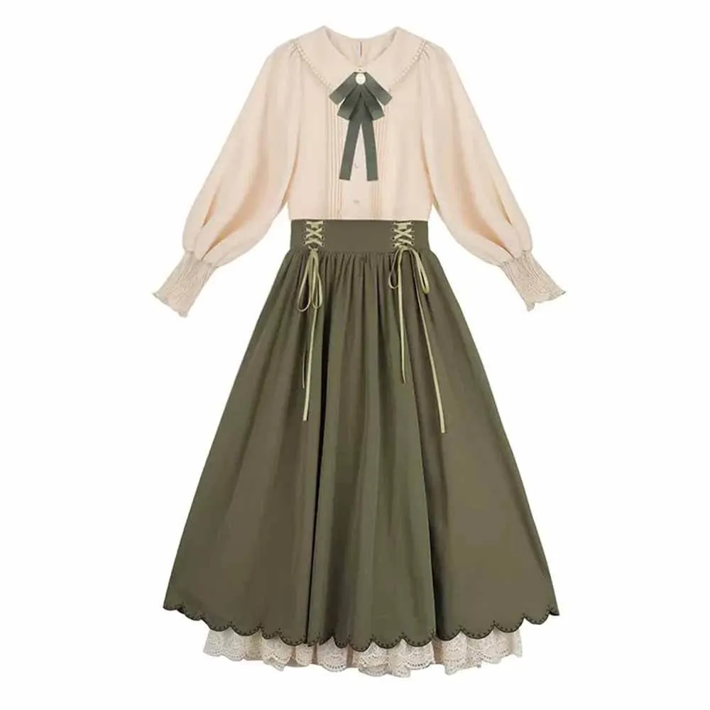 College Style Doll Collar Shirt High Waist Skirt Set