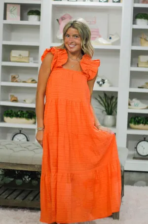 Coral Orange Textured Tiered Maxi Dress