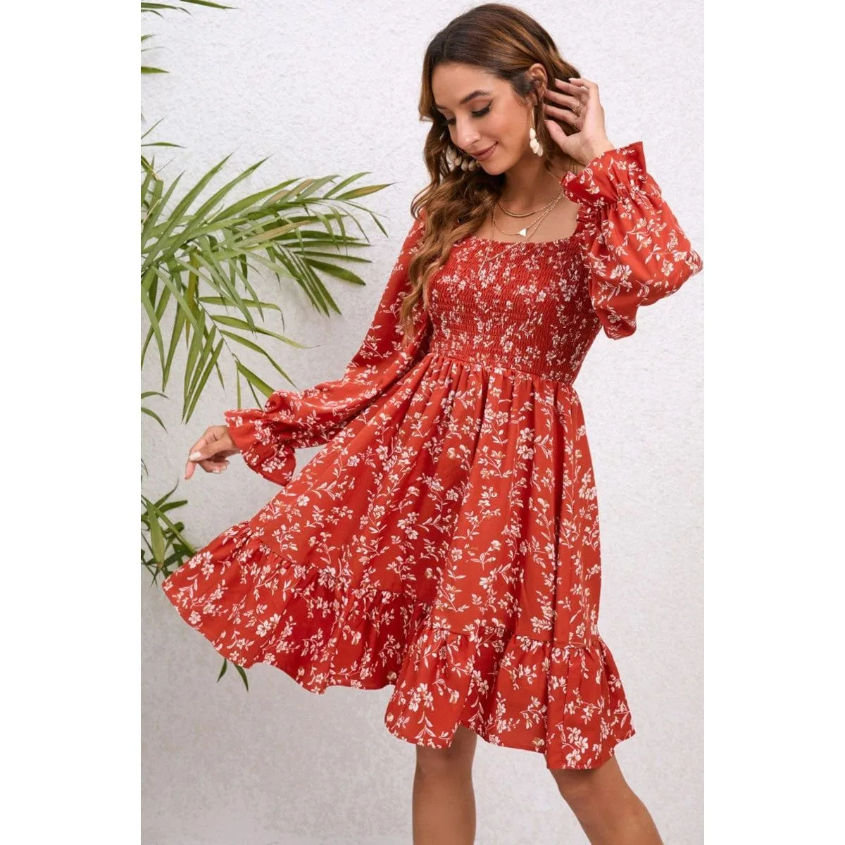 Floral Long Sleeve Smocked Dress