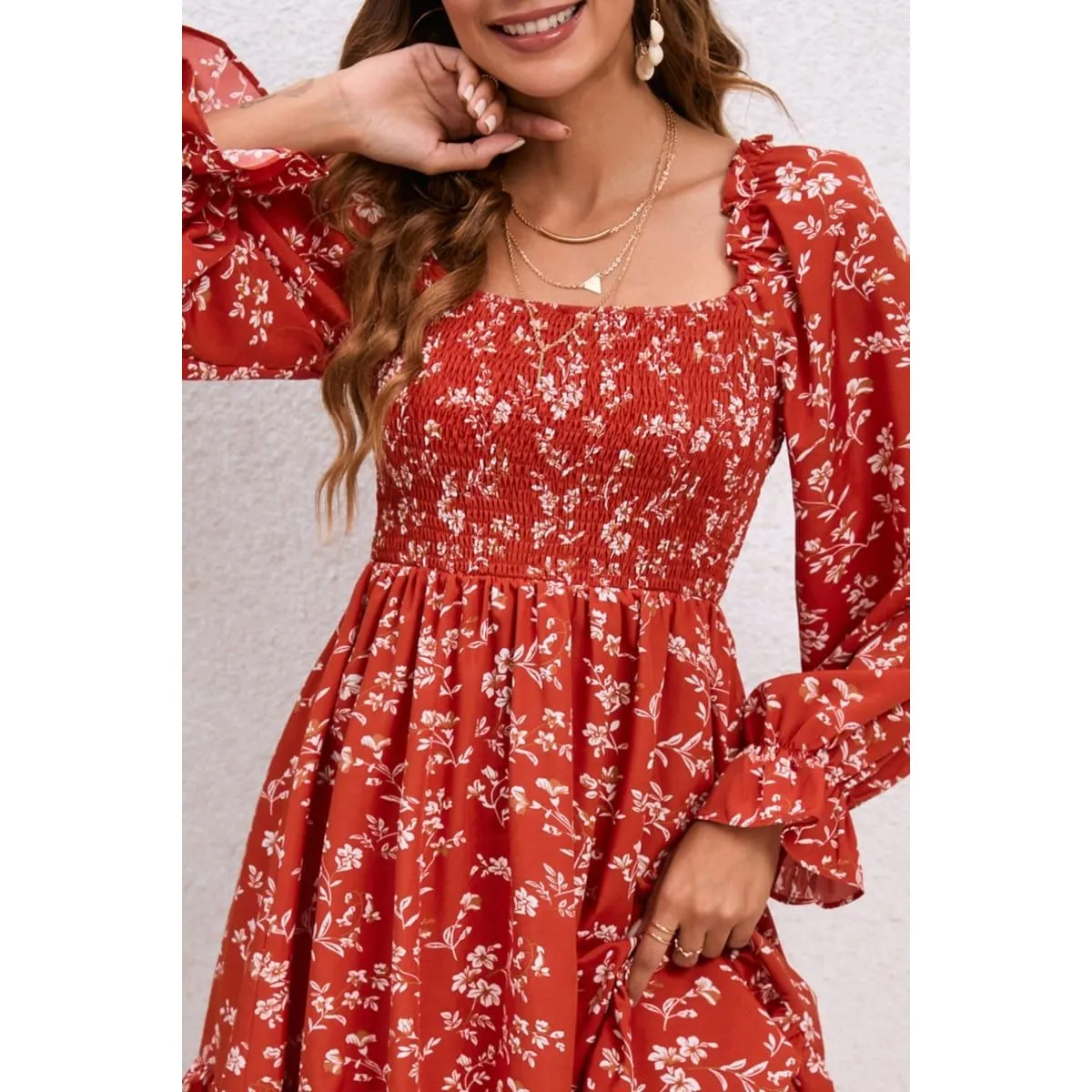 Floral Long Sleeve Smocked Dress