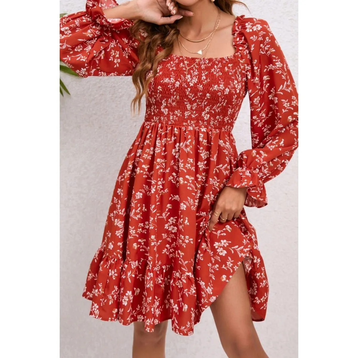 Floral Long Sleeve Smocked Dress