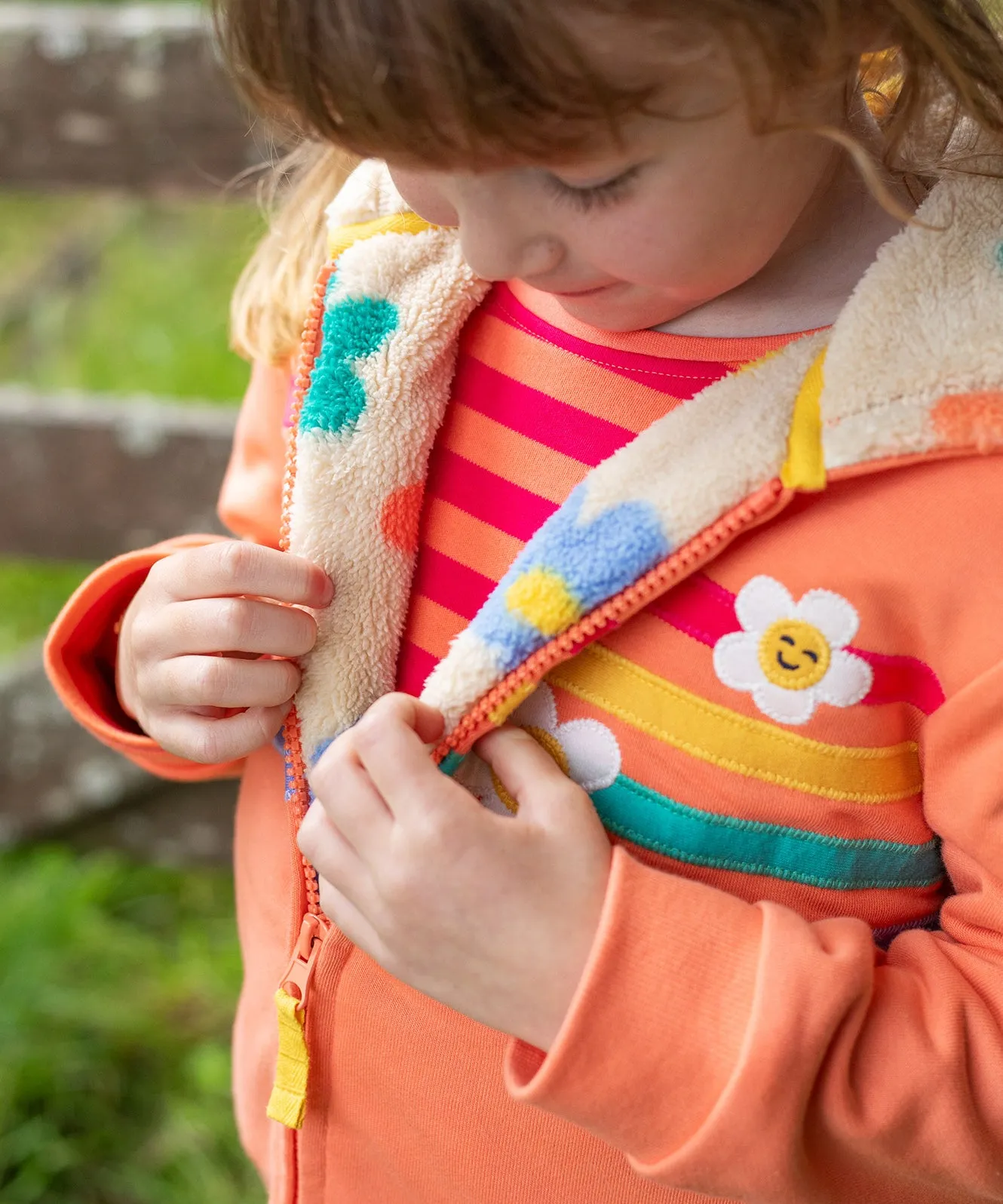 Frugi Ted Fleece Lined Hoody - Cantaloupe/Rainbow