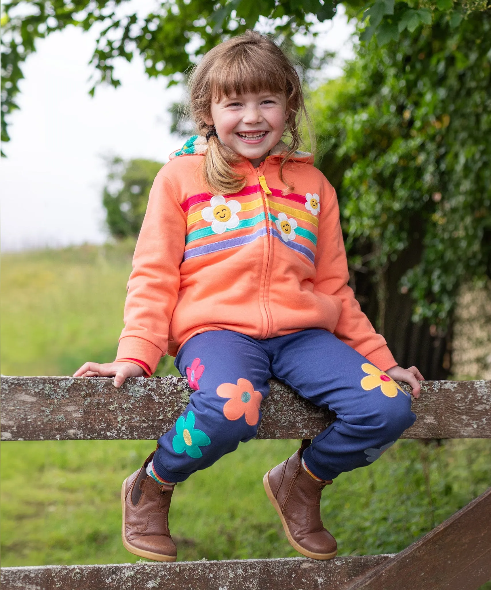 Frugi Ted Fleece Lined Hoody - Cantaloupe/Rainbow