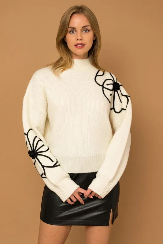 GILLI Flower Embroidery Mock Neck Sweater