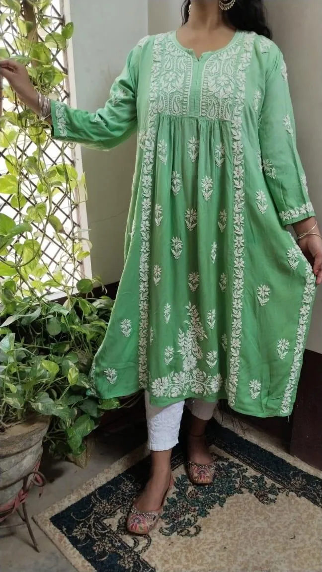 Green Exclusive Chikankari Work Rayon Naira Cut Kurti and Pant Set