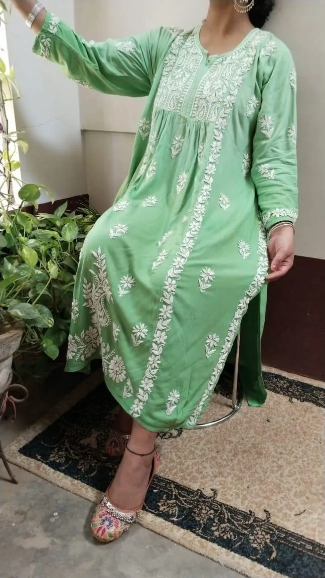 Green Exclusive Chikankari Work Rayon Naira Cut Kurti and Pant Set