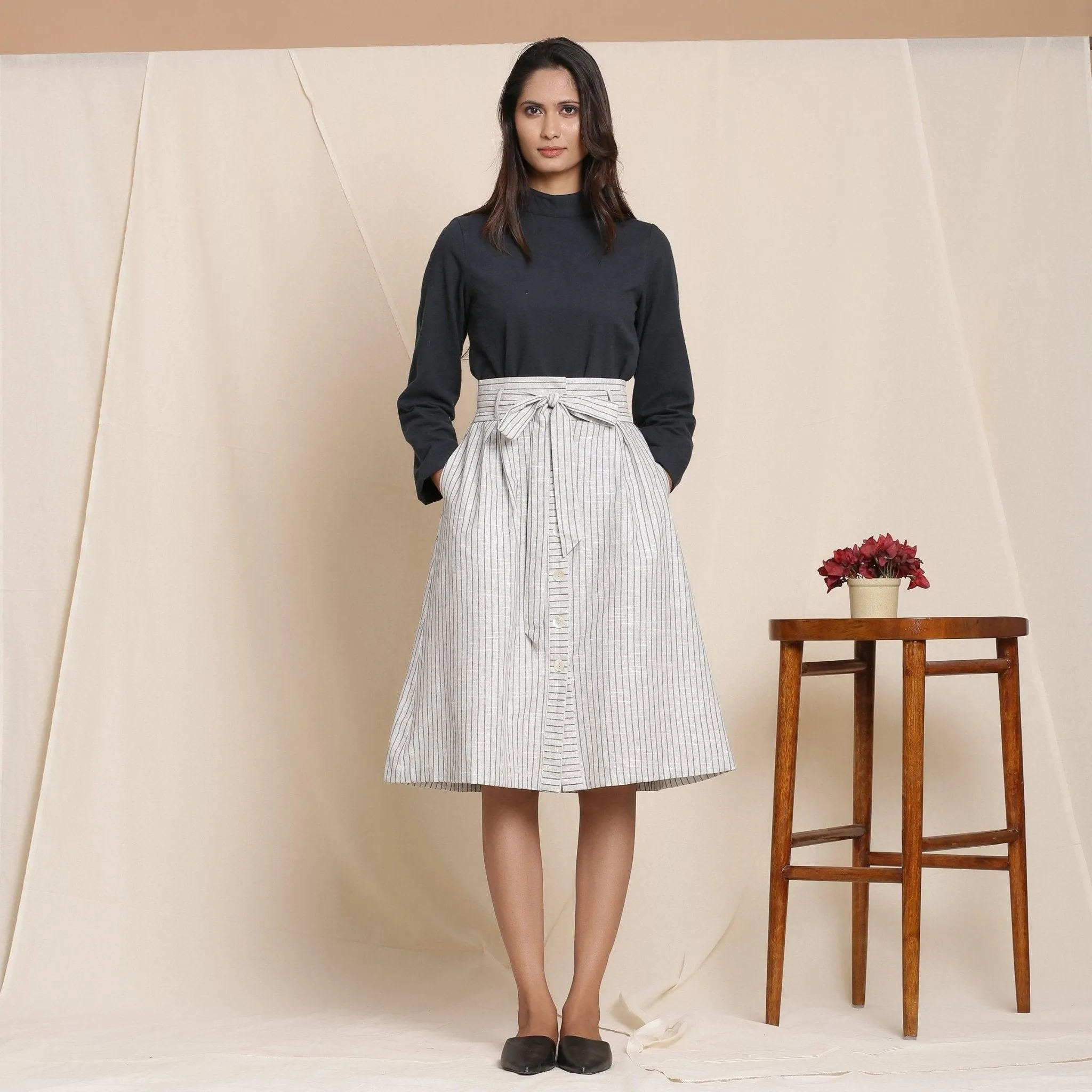 Grey 100% Cotton Striped High-Rise Paperbag Skirt