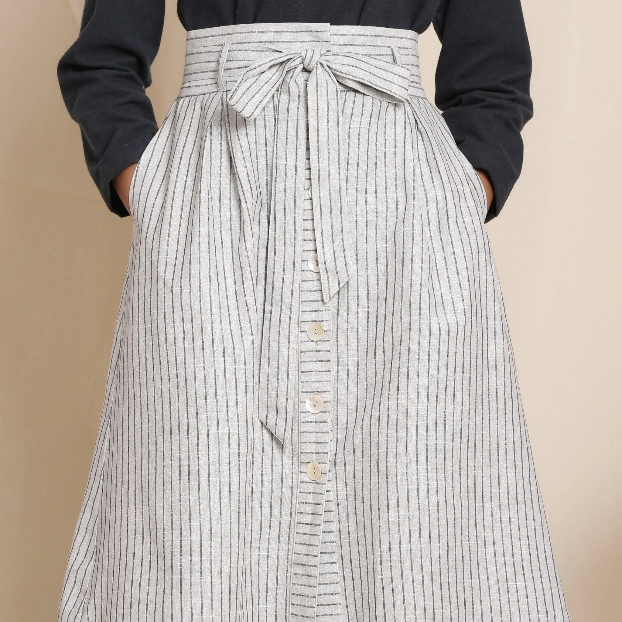 Grey 100% Cotton Striped High-Rise Paperbag Skirt