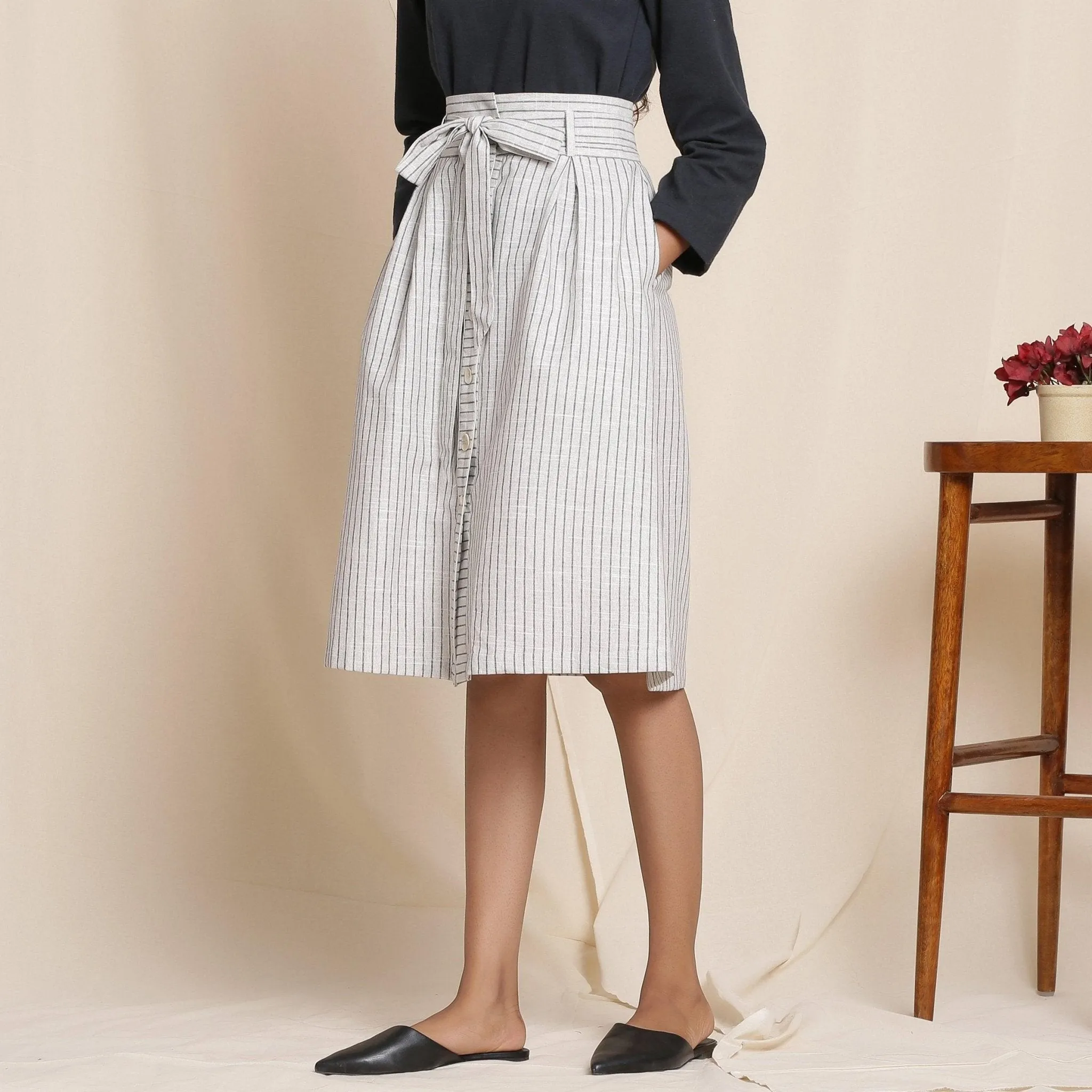 Grey 100% Cotton Striped High-Rise Paperbag Skirt