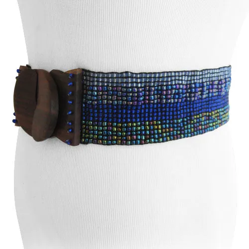 Handmade Ombre Light to Dark Blue Bead Belt with Wood Buckle