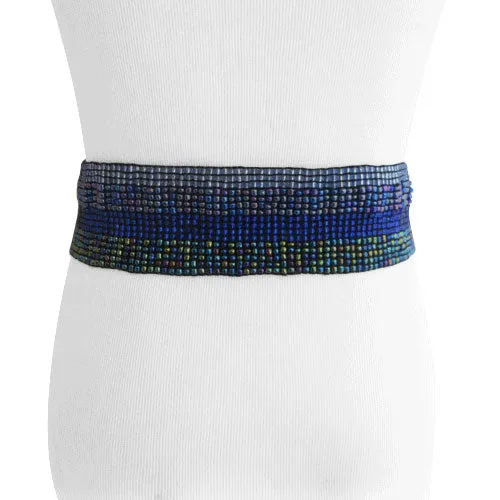 Handmade Ombre Light to Dark Blue Bead Belt with Wood Buckle