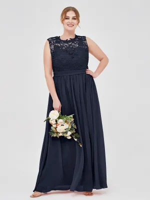 Illusion Neck Chiffon and Lace Dresses Dark Navy