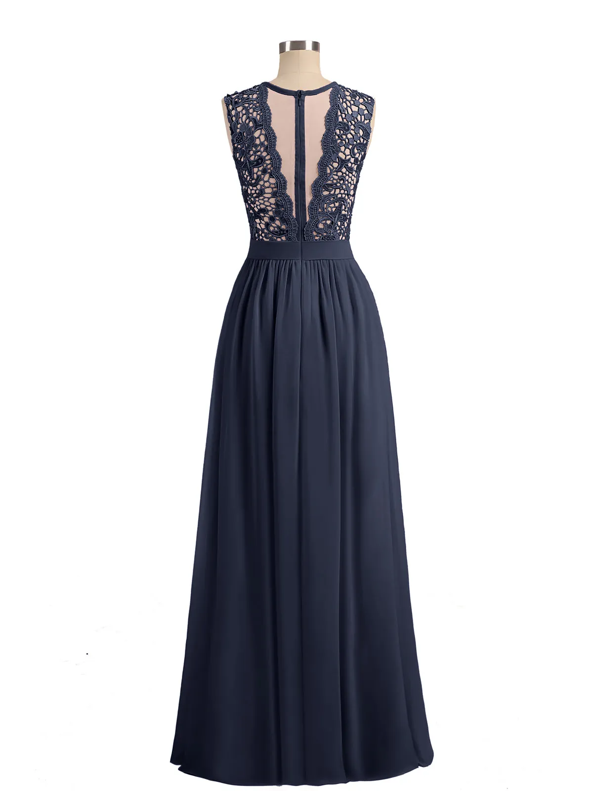 Illusion Neck Chiffon and Lace Dresses Dark Navy