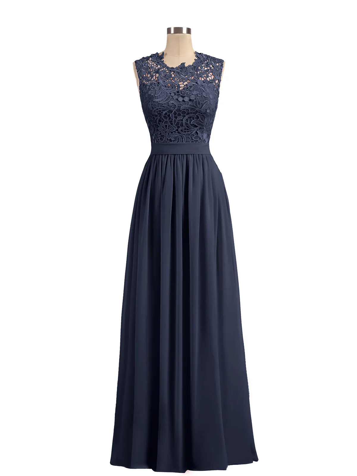 Illusion Neck Chiffon and Lace Dresses Dark Navy