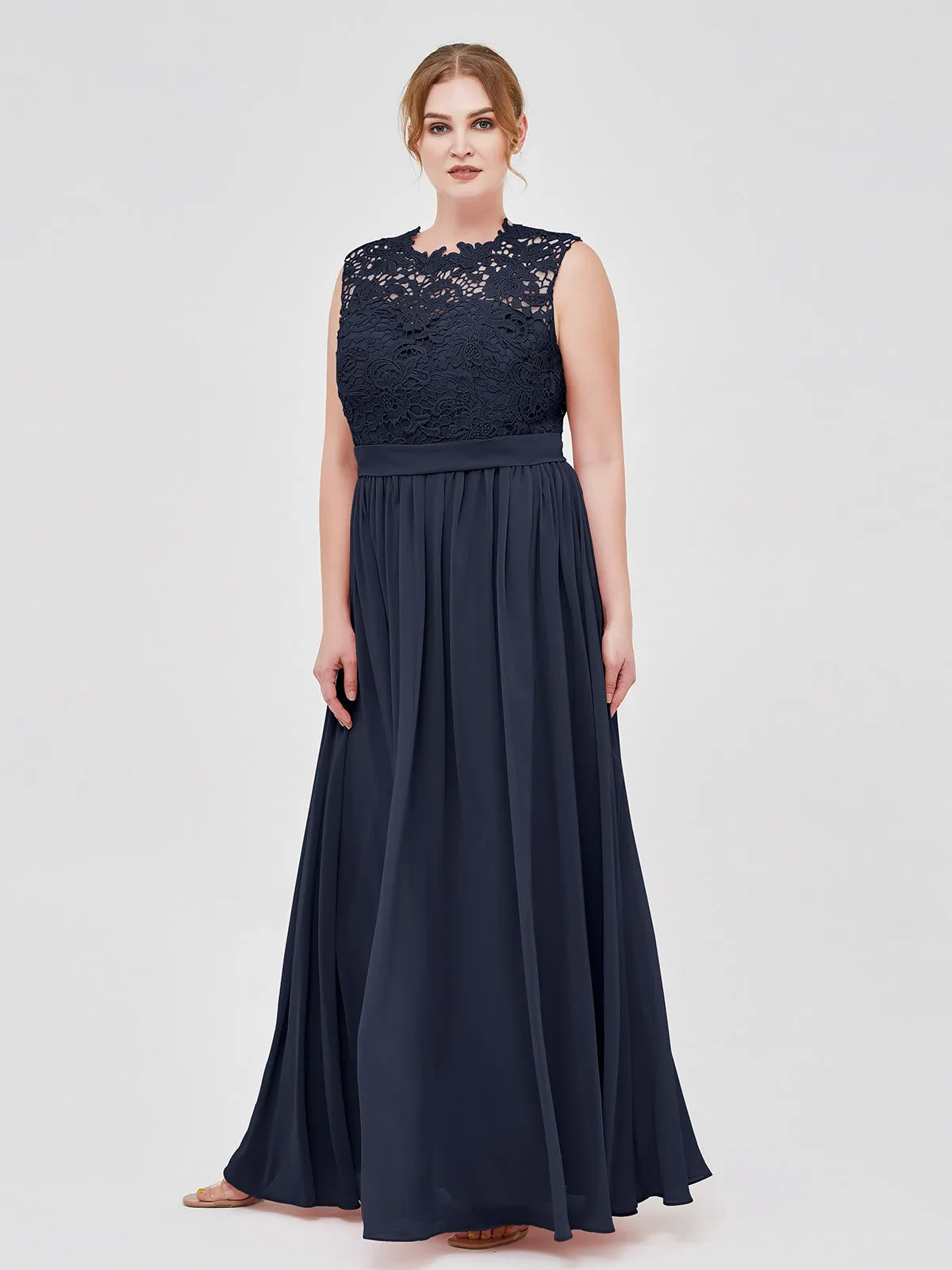 Illusion Neck Chiffon and Lace Dresses Dark Navy