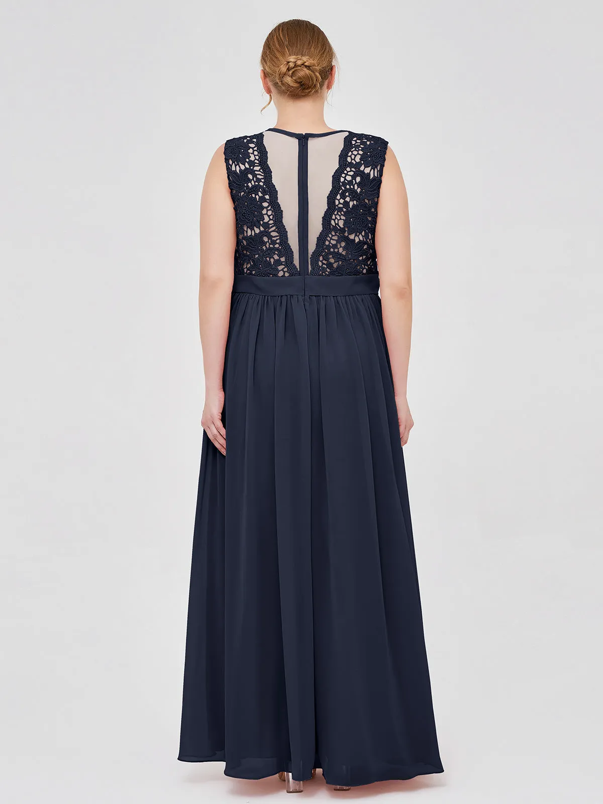 Illusion Neck Chiffon and Lace Dresses Dark Navy