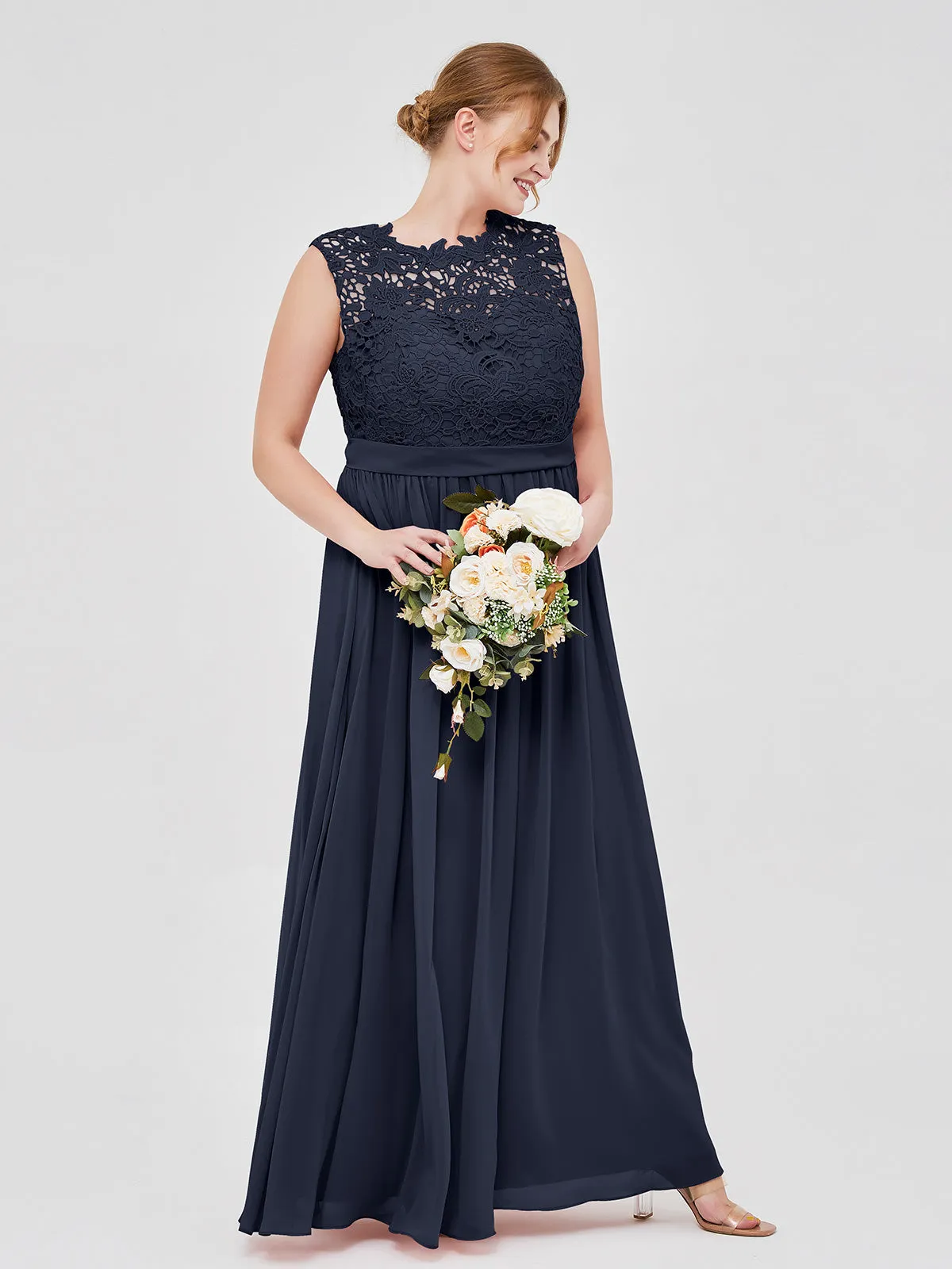 Illusion Neck Chiffon and Lace Dresses Dark Navy