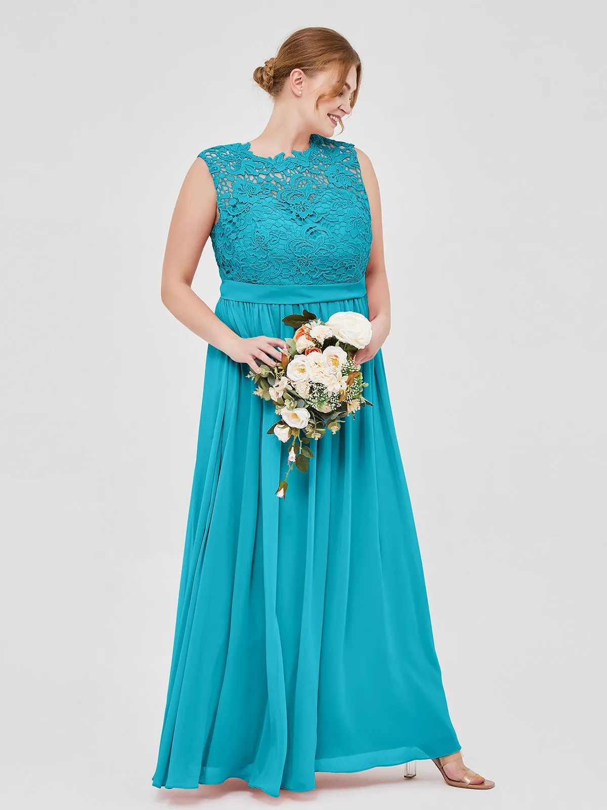 Illusion Neck Chiffon and Lace Dresses Jade