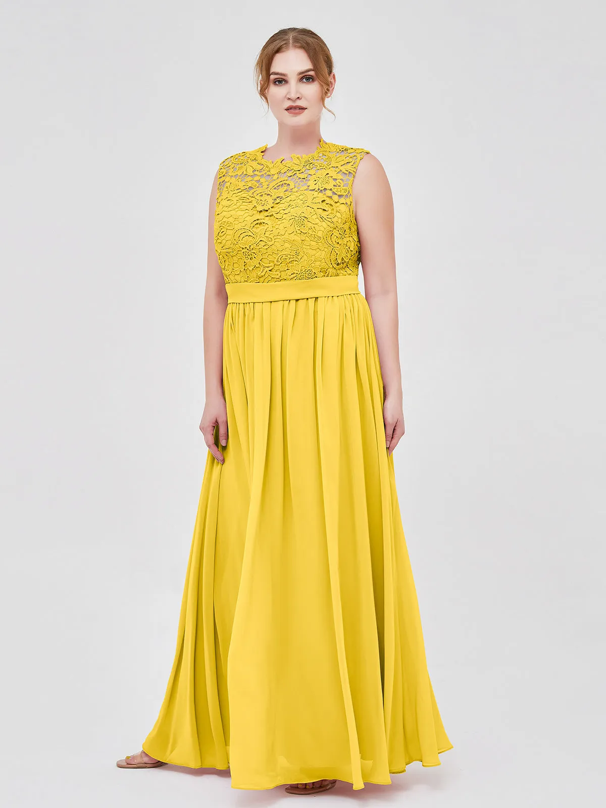 Illusion Neck Chiffon and Lace Dresses Marigold