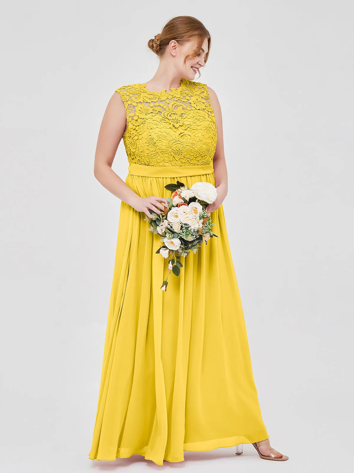 Illusion Neck Chiffon and Lace Dresses Marigold