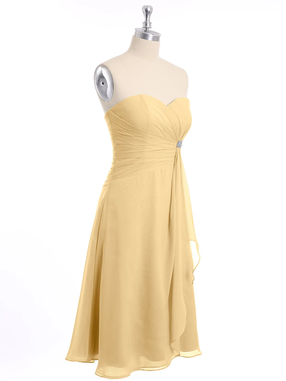 Knee Length Chiffon Dress with Sweetheart Neck-Gold