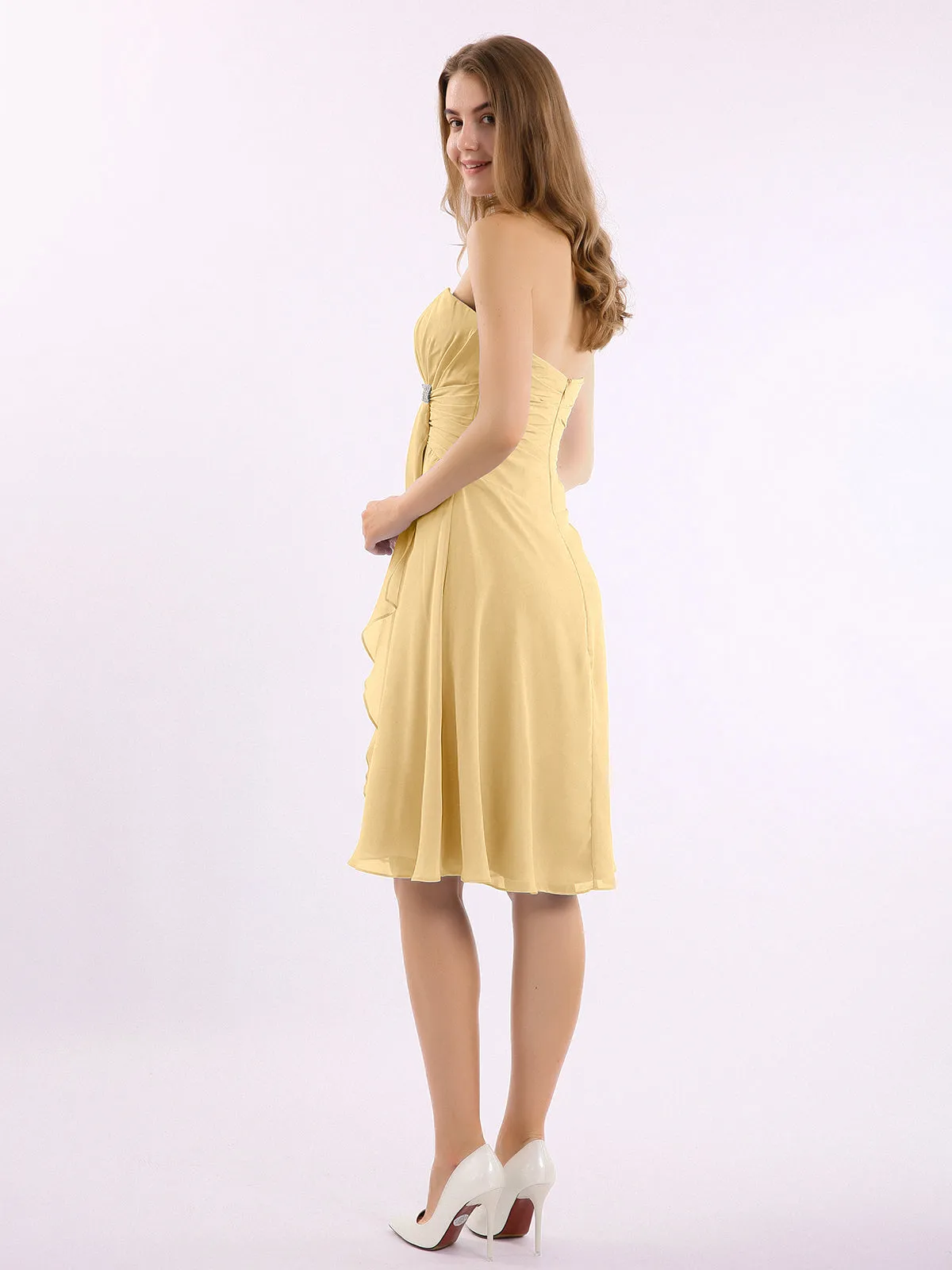 Knee Length Chiffon Dress with Sweetheart Neck-Gold