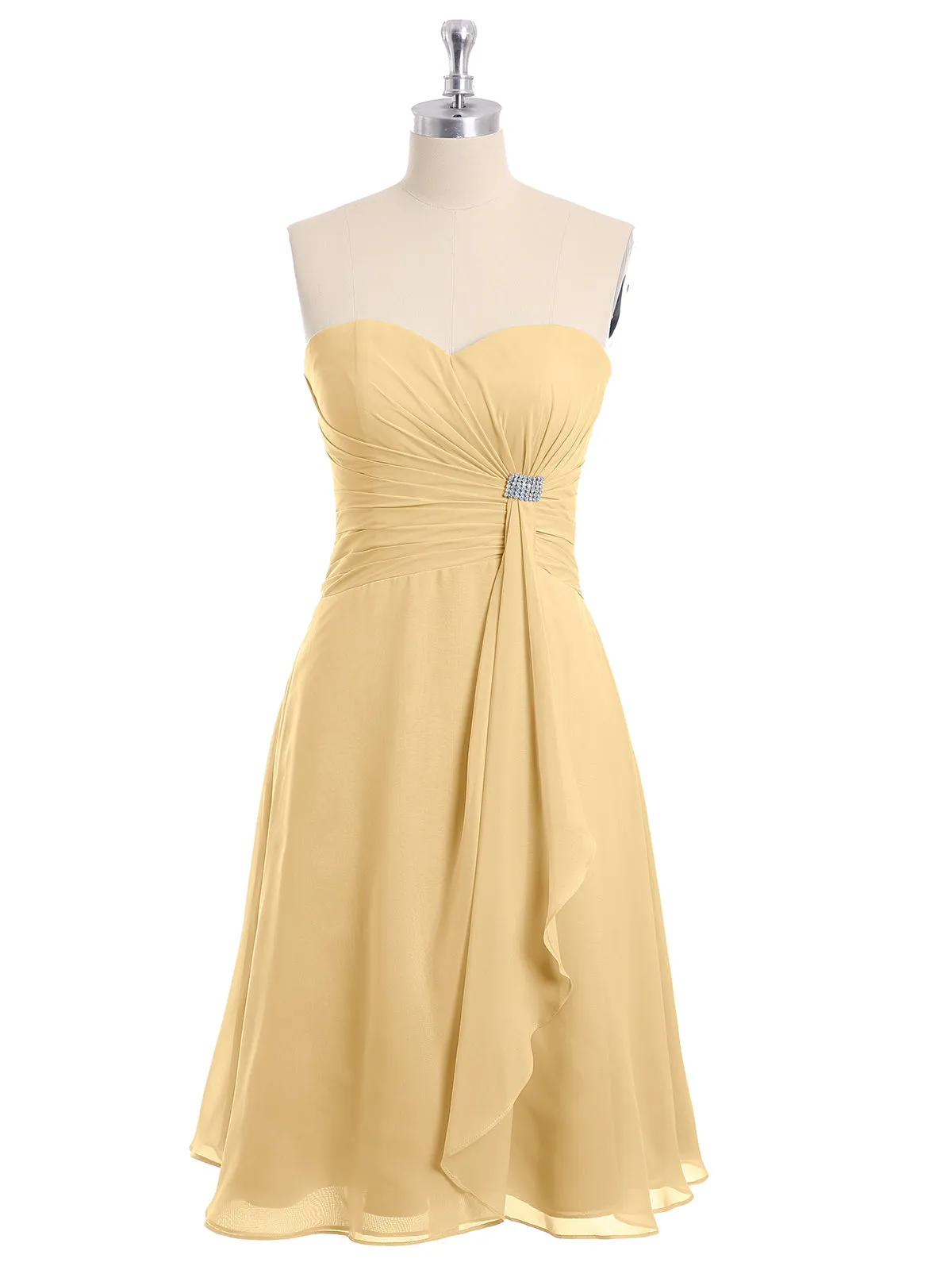 Knee Length Chiffon Dress with Sweetheart Neck-Gold