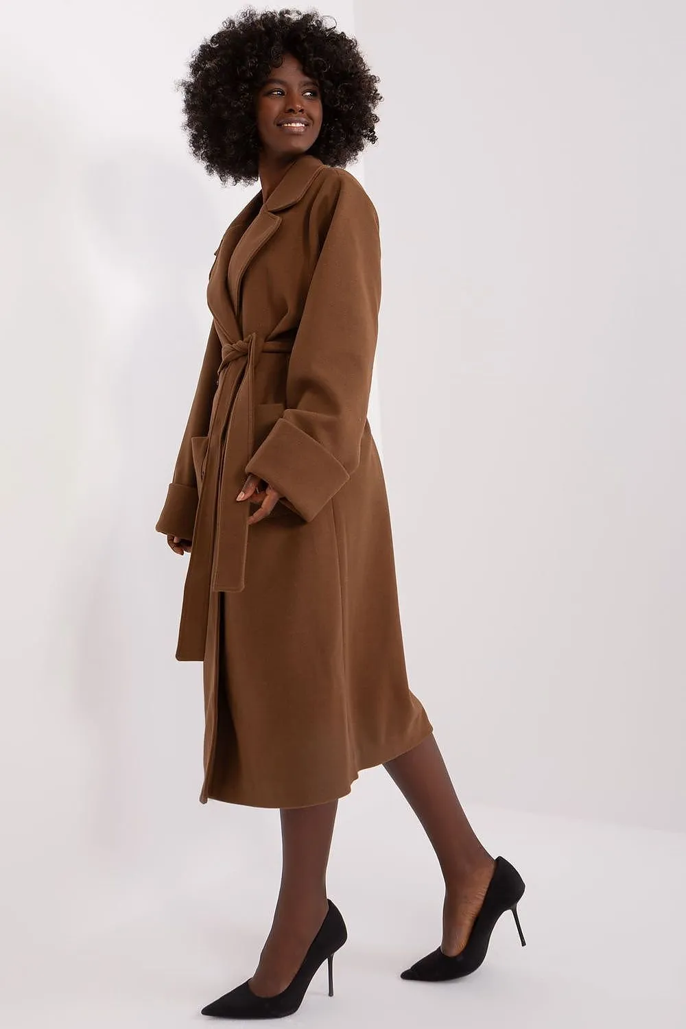 LAKERTA Brown European Double-breasted Trench Coat with Belt model