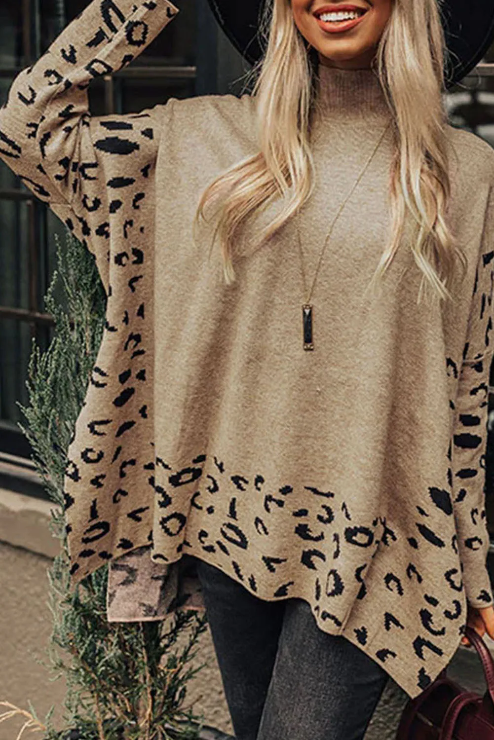 Leopard High Neck Side Slit Oversized Sweater