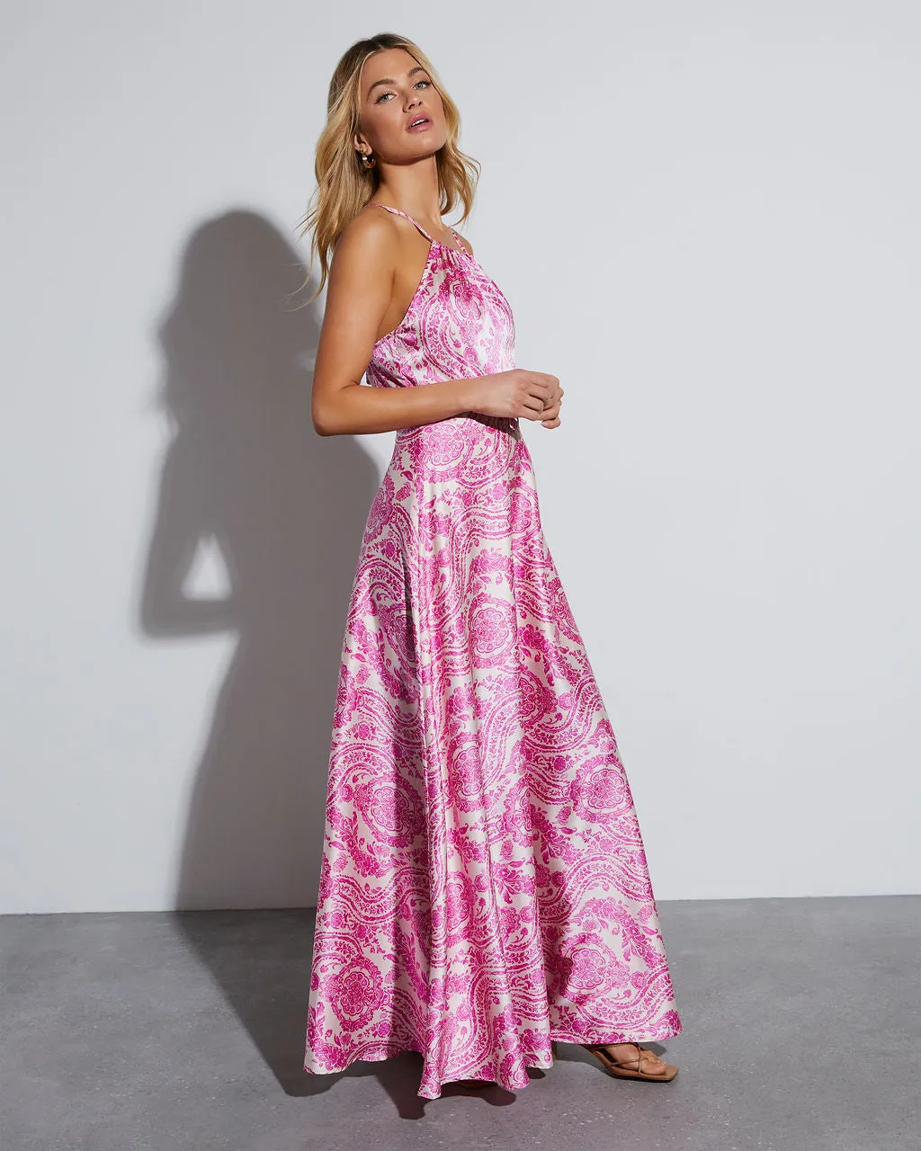 Maxine Satin Paisley Halter Maxi Dress