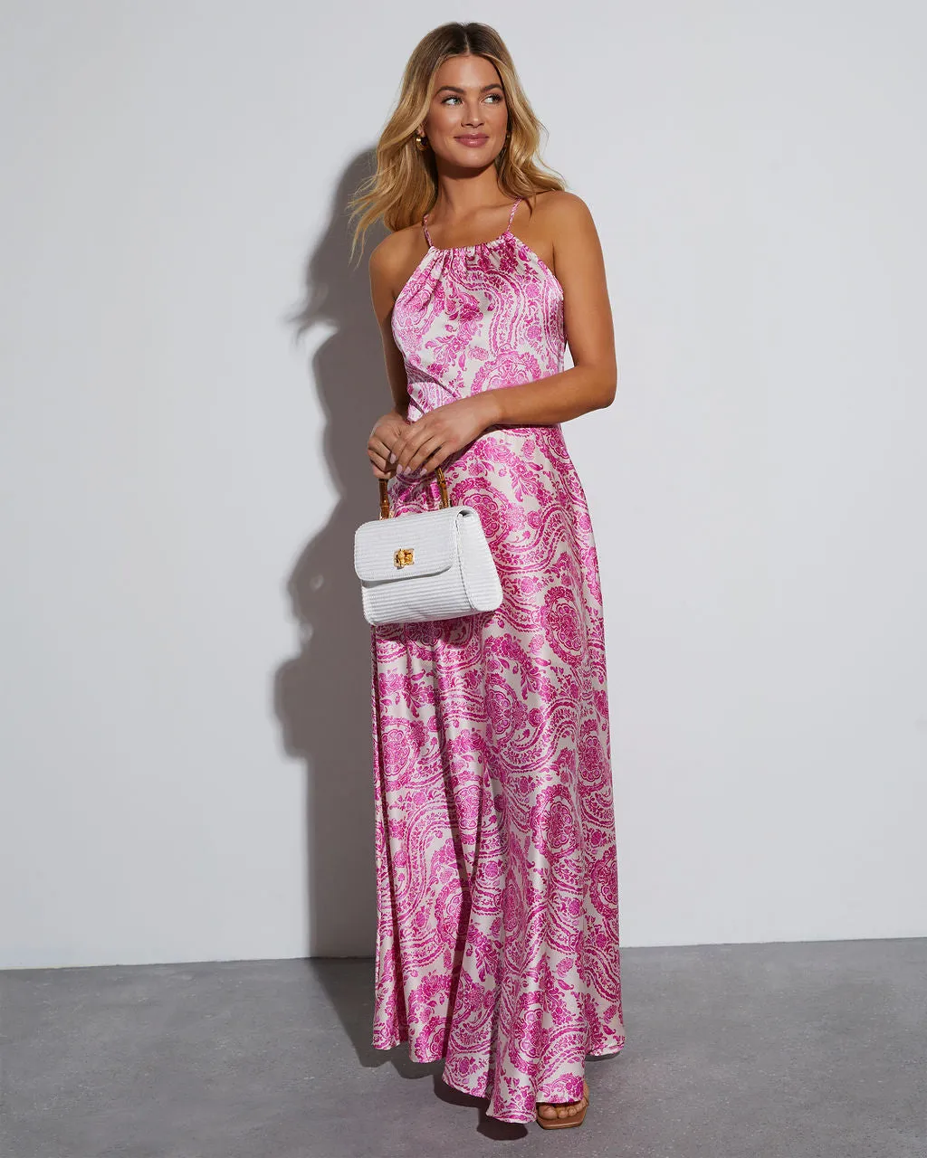 Maxine Satin Paisley Halter Maxi Dress