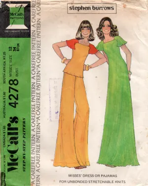 McCall's 4278 Womens STEPHEN BURROWS Stretch Pyjamas or Maxi Dress Top & Wide Leg Pants 1970s Vintage Sewing Pattern Size 12 Bust 34 inches UNCUT Factory Folded