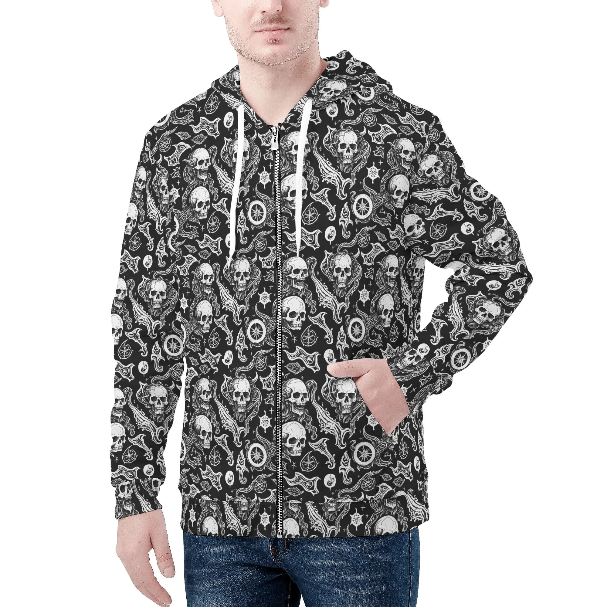 Mens Flying Skulls Classic Zip Up Hoodie Warm Jacket